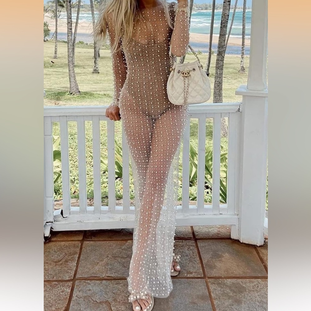 Sheer Pearl-Embellished Maxi Dress